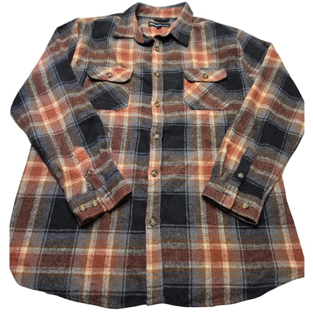 Molokai Surf Co Men Large Orange Brown Plaid Flannel Button Down Shirt L Long Sl